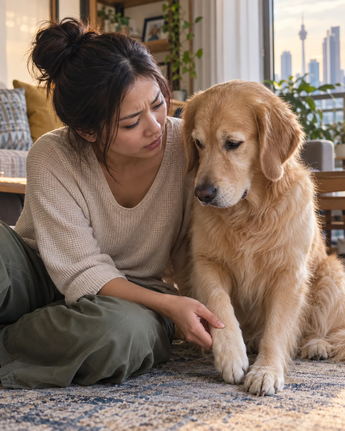 A dog owner sitting close to her golden retriever and gently checking its front paw