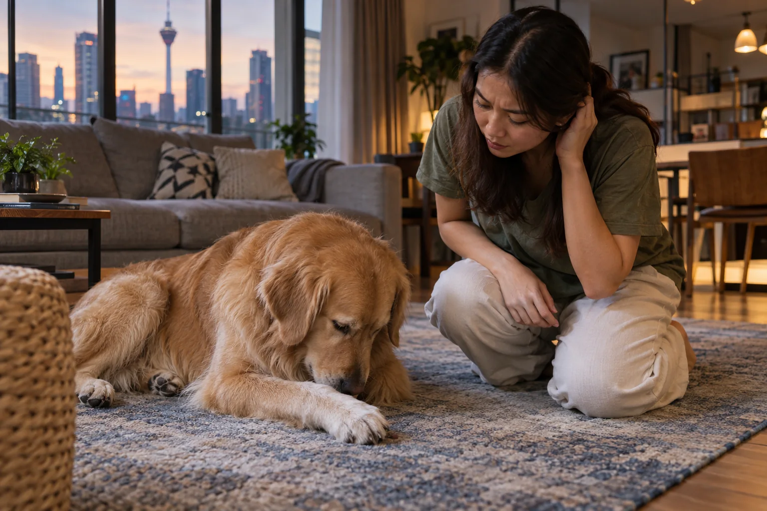 A dog owner quietly checking on her golden retriever as it focuses on one paw