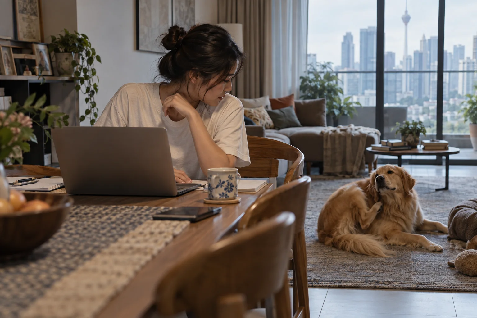 A dog owner distracted from work as she watches her golden retriever scratch