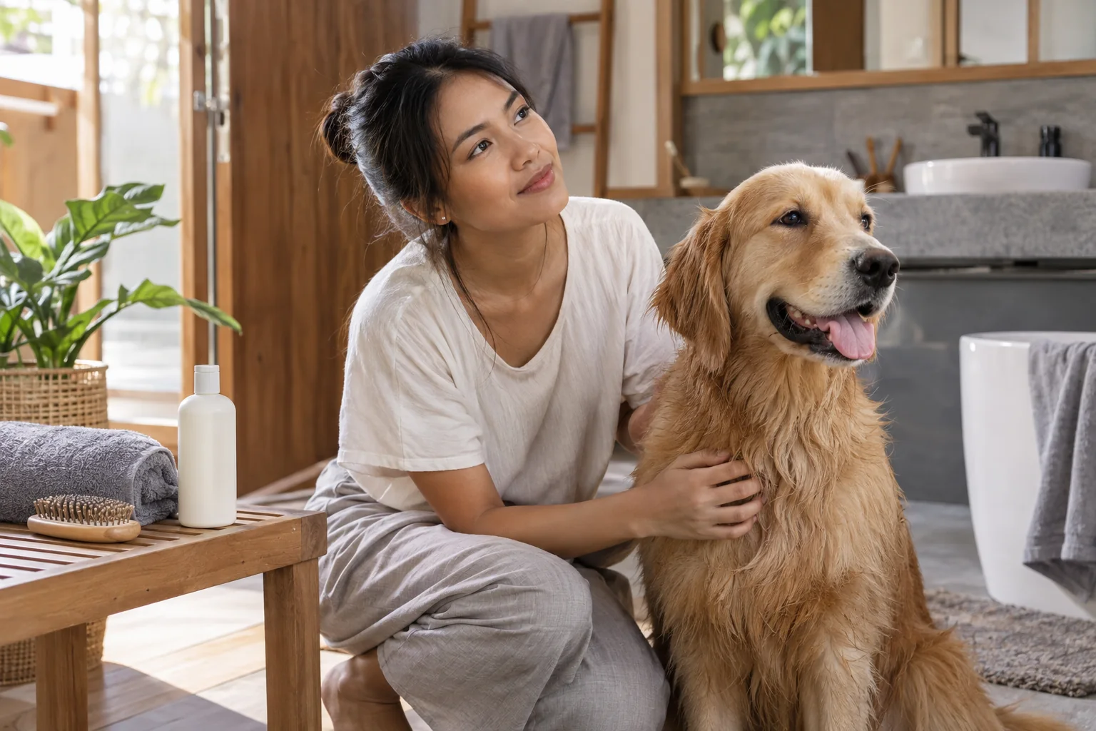 A thoughtful dog owner beside her golden retriever after a home grooming routine