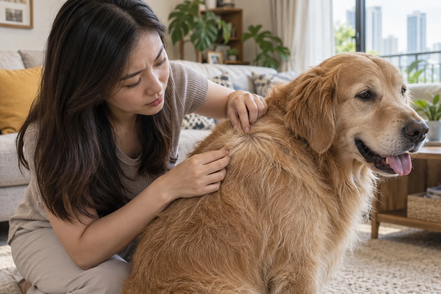 Owner parting her golden retriever's coat to inspect its texture