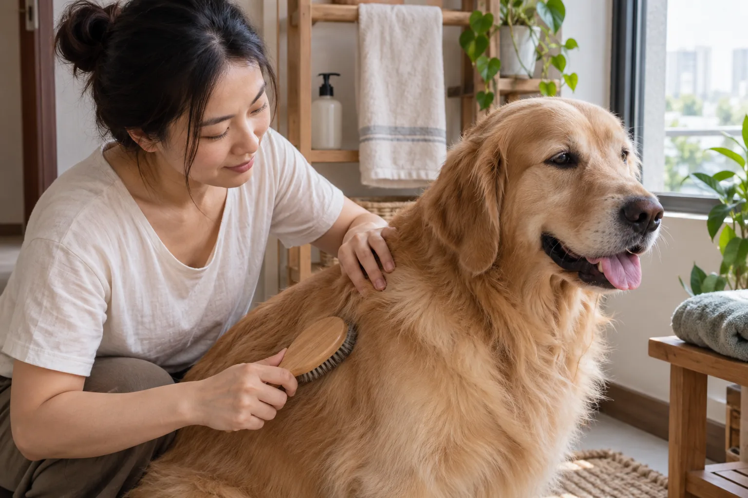Owner brushing her golden retriever and checking the coat