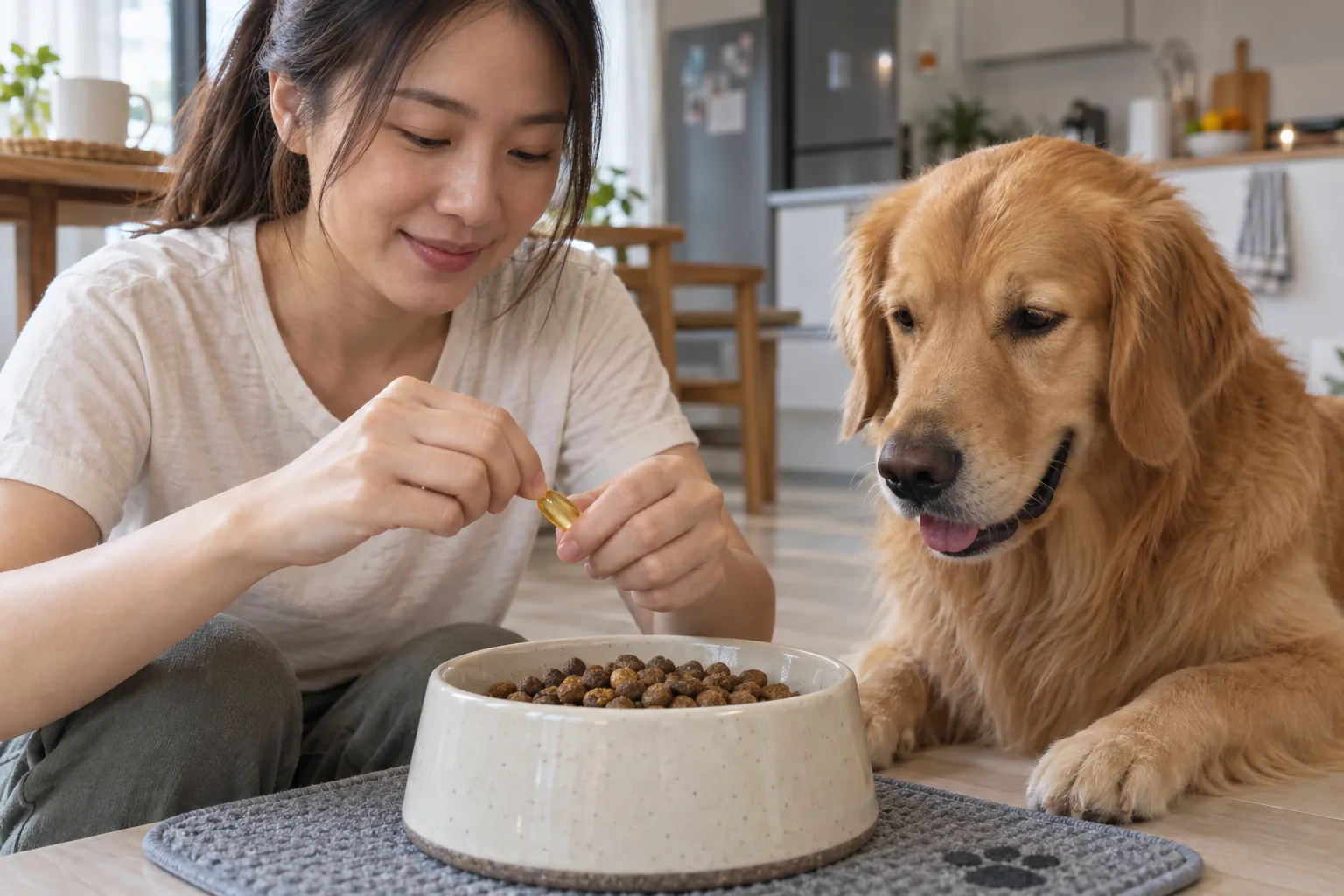 Owner opening a twist-off capsule beside her dog's food bowl