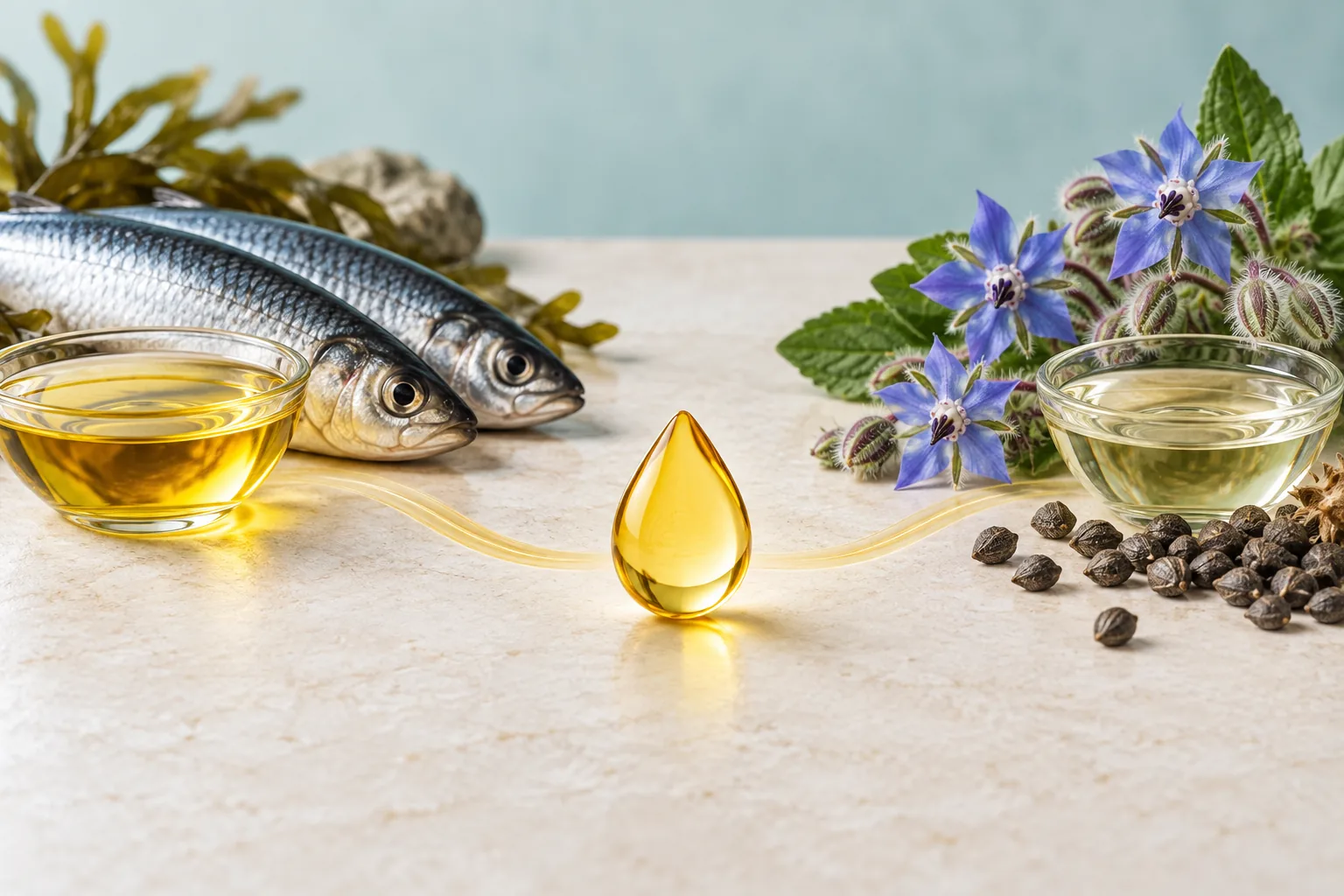 Fish oil and borage seed oil shown as the formula's named omega sources