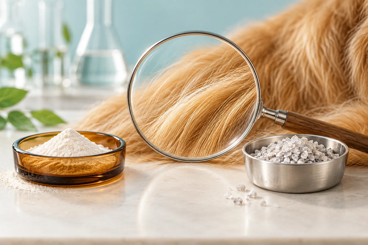 Measured biotin and zinc ingredients beside a magnified view of golden retriever fur