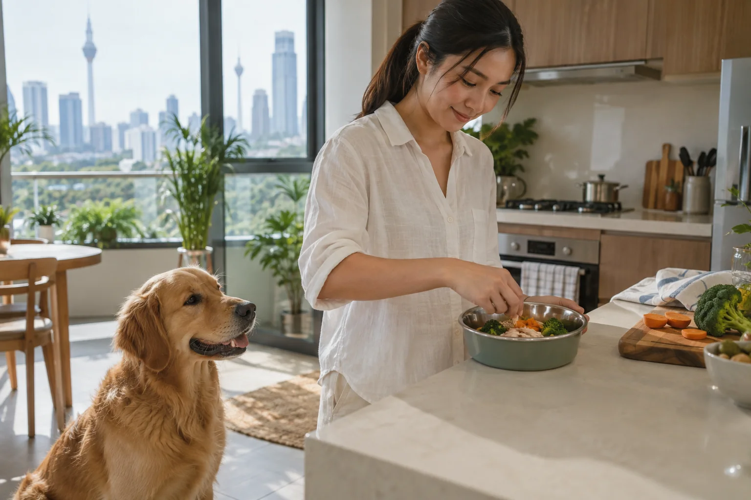 A relaxed dog owner preparing a simple morning food routine for her golden retriever