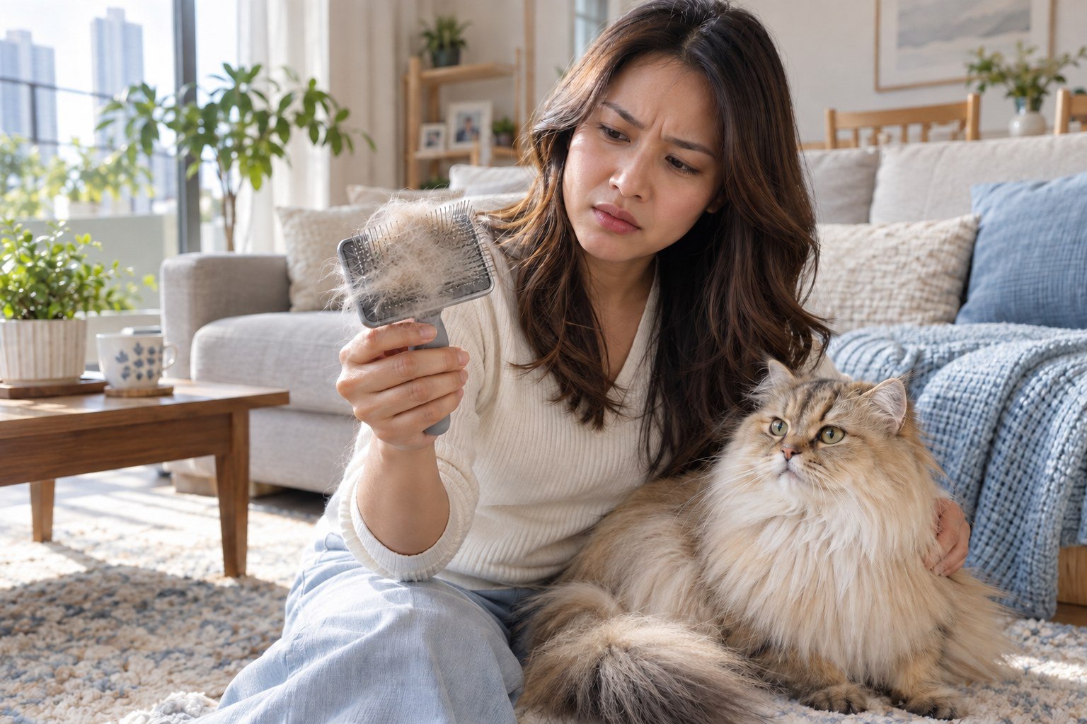 Illustrative scene of a concerned Malaysian cat parent examining loose fur collected in a grooming brush while comforting her long-haired cat