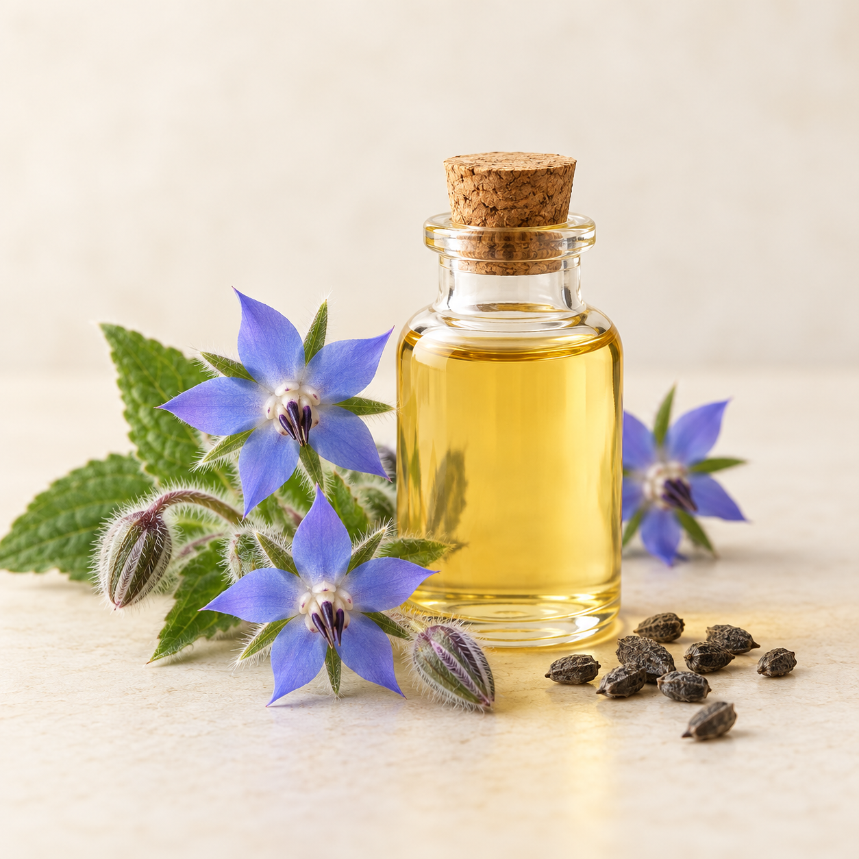 Illustration of borage flowers and oil