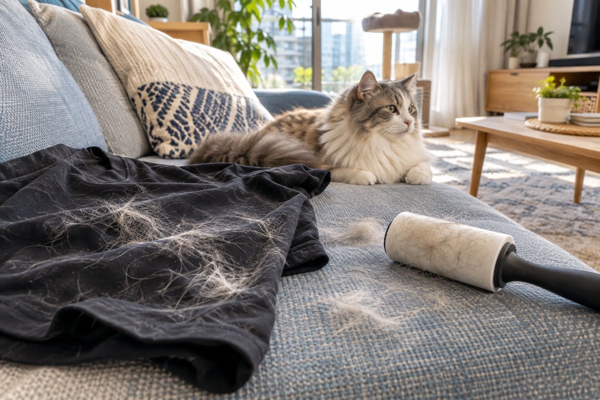 Illustrative scene showing loose long cat fur on a sofa, dark shirt and lint roller