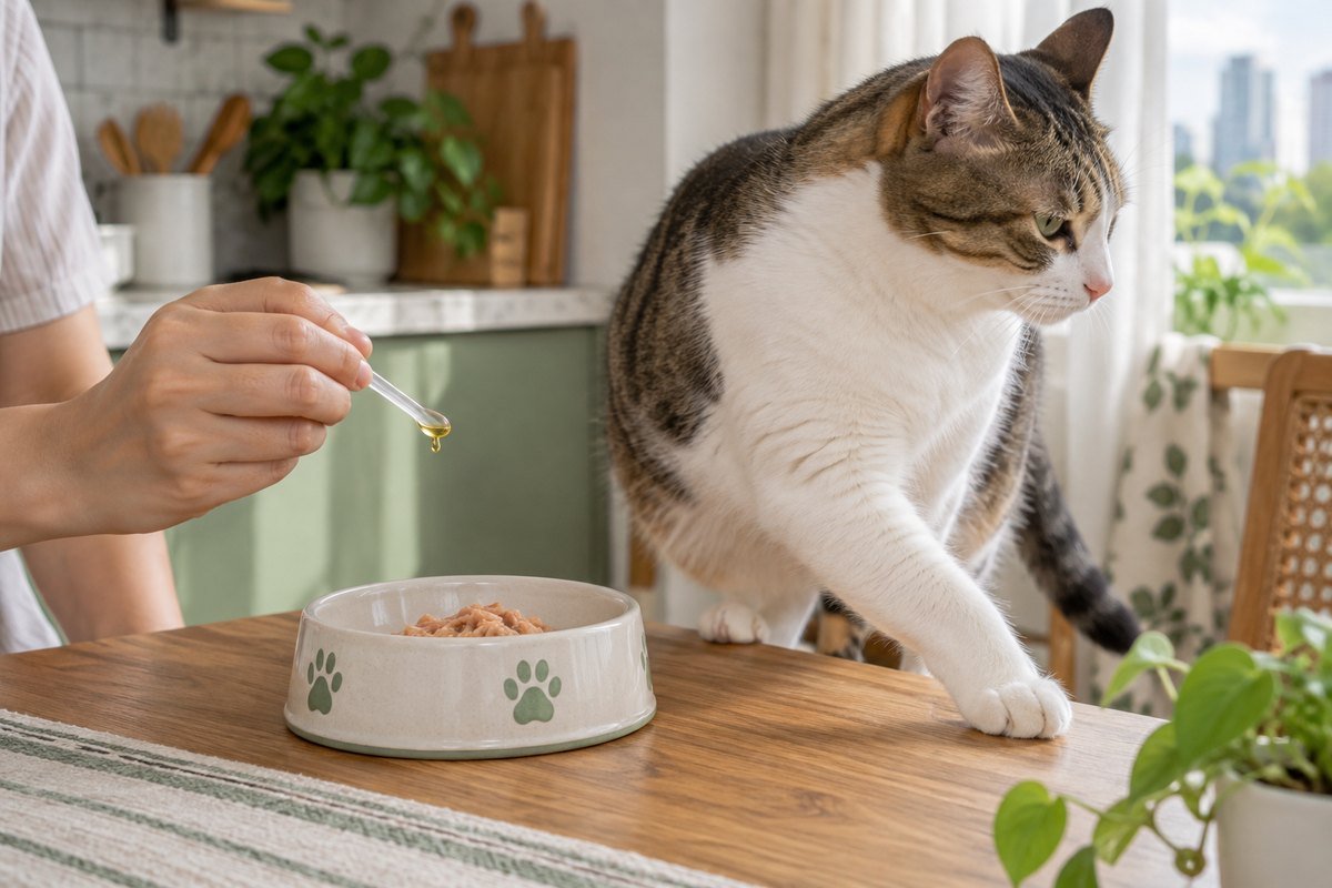 Illustrative scene showing a picky cat turning away from wet food as oil is introduced