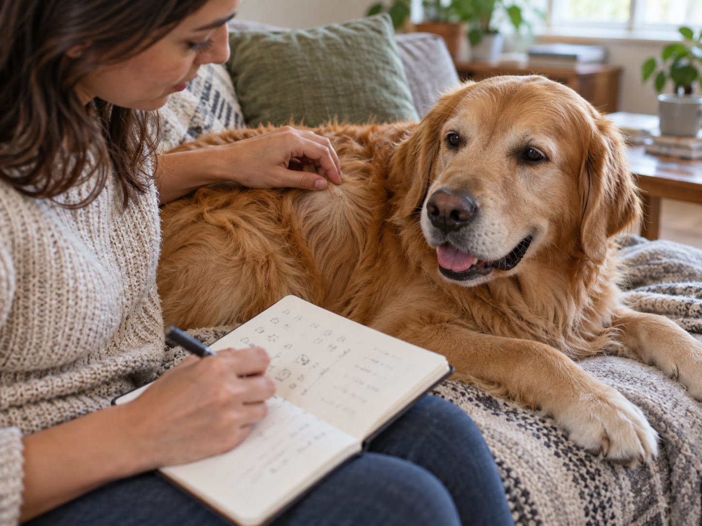 Pet owner recording observations while checking her dog.s coat