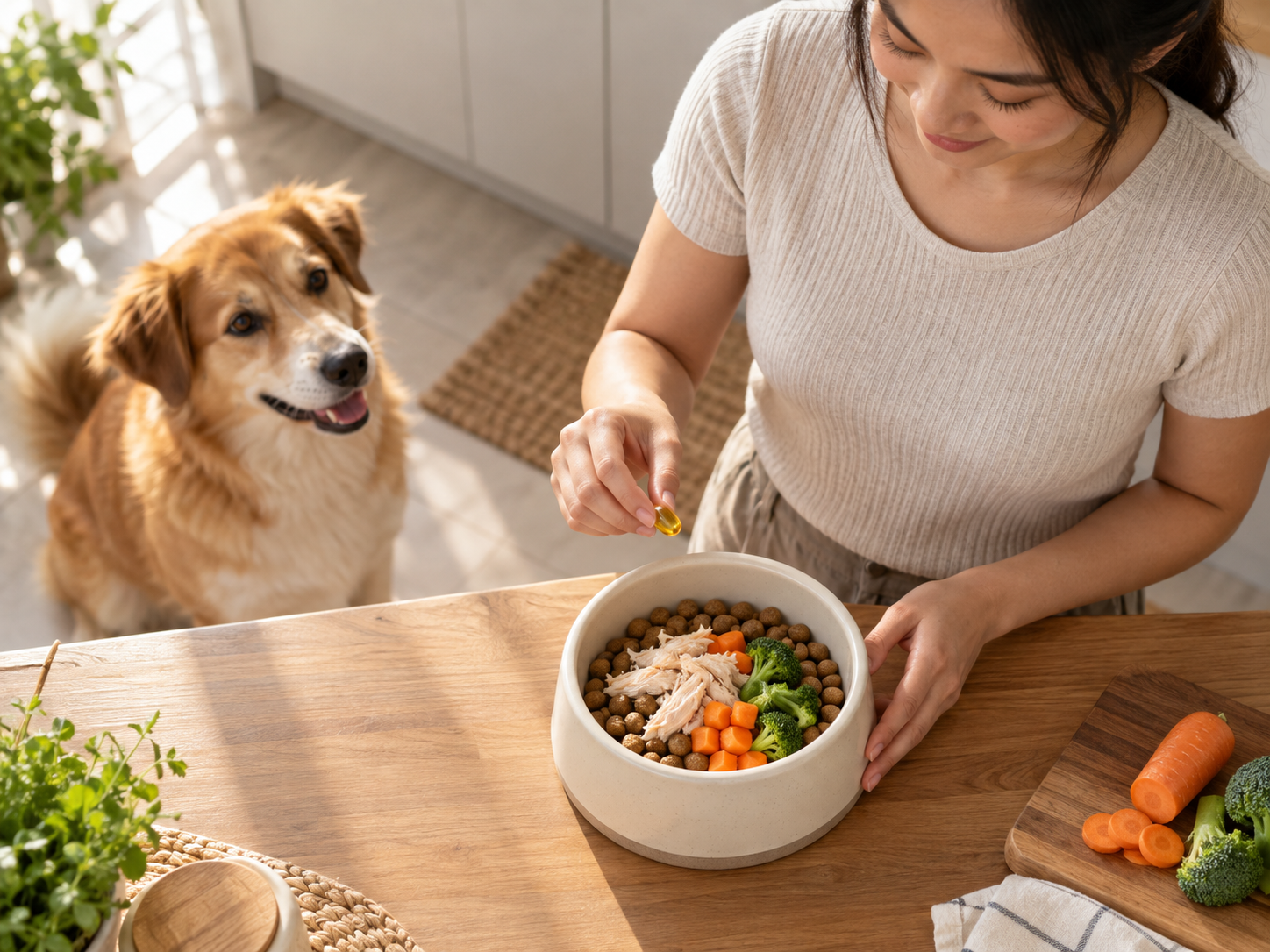 Pet owner preparing a consistent feeding routine