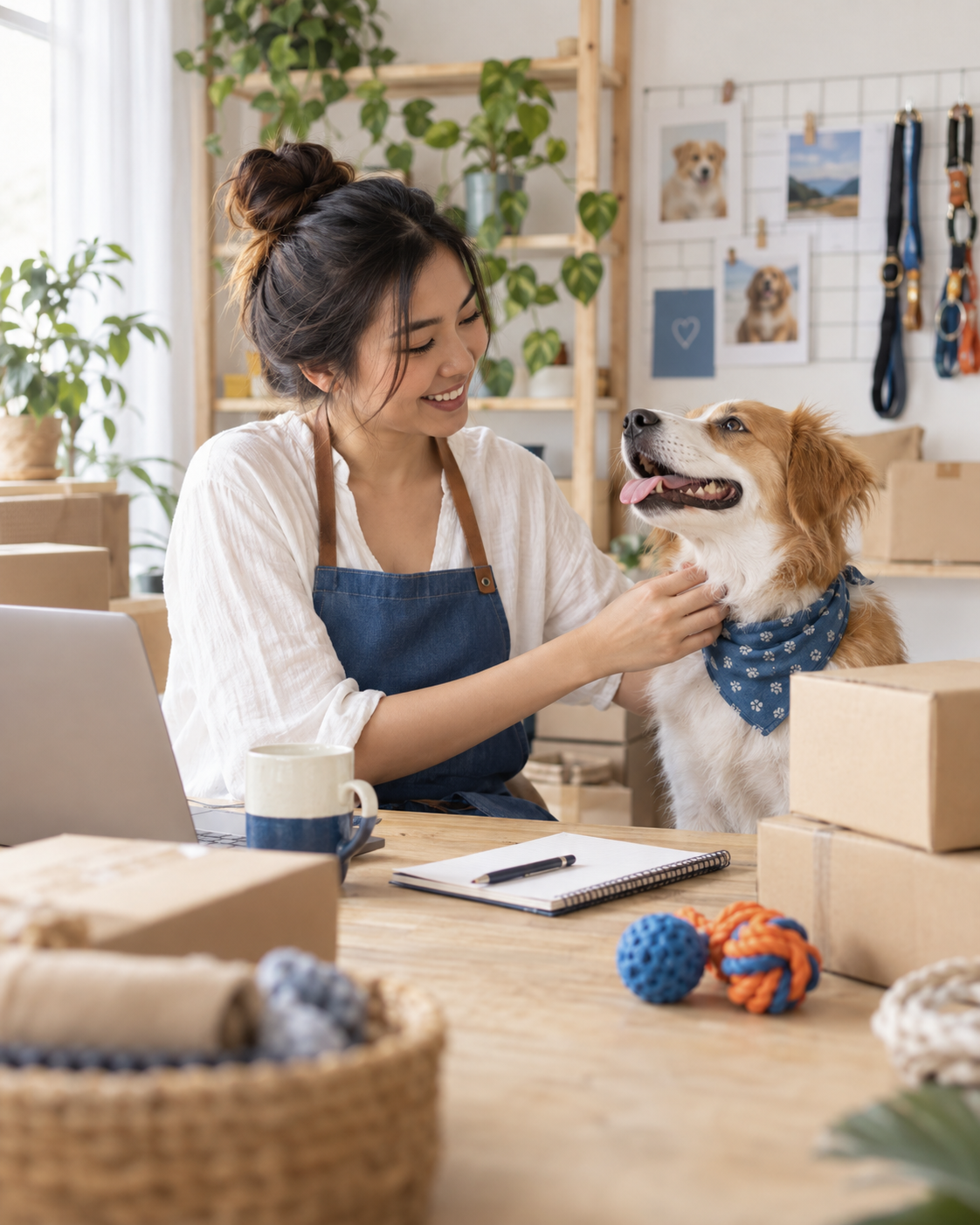Independent online pet retailer working from a home studio with her dog