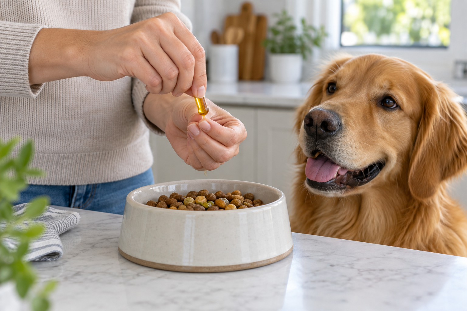 Pet owner twisting a small oil capsule above a food bowl