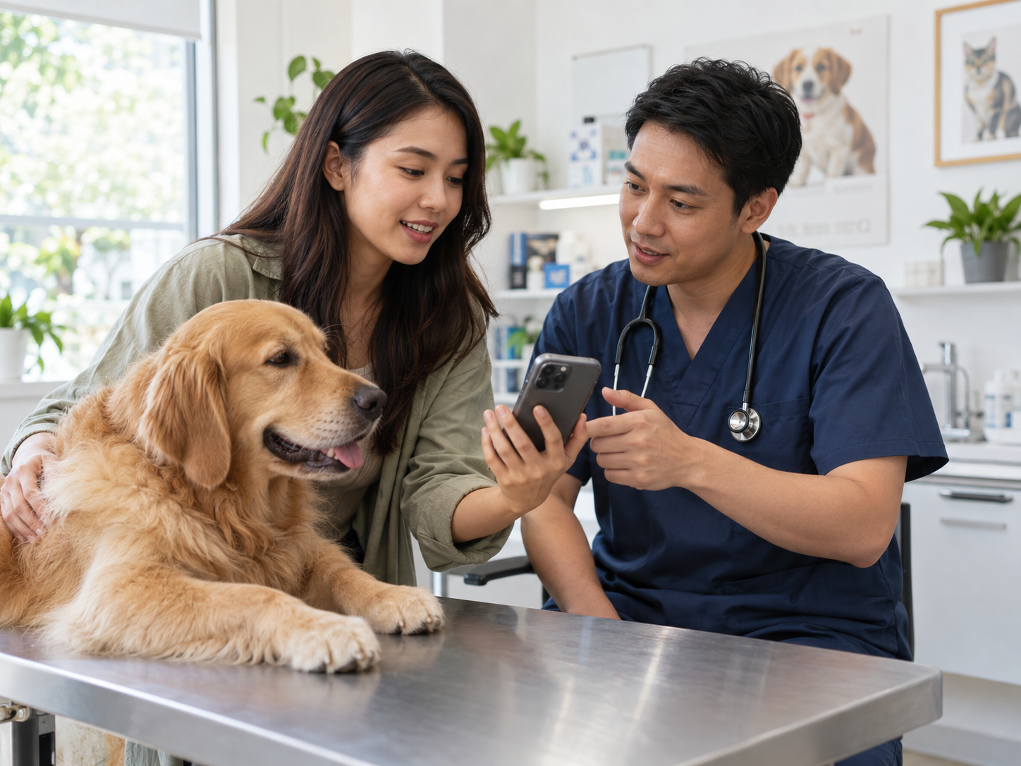Pet owner discussing observations with a veterinarian
